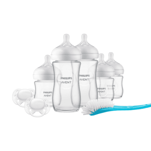 AVENT Novorodenecká sada natural response sklenená 3x fľaša 120 ml 0m+ 2x fľaša 240 ml 1m+ a 2x cumlík a 1x kefka na fľašu Set