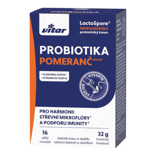 VITAR Probiotika + vláknina + vitamíny C a D3 prášok vo vrecúškach pomarančová príchuť 16 ks