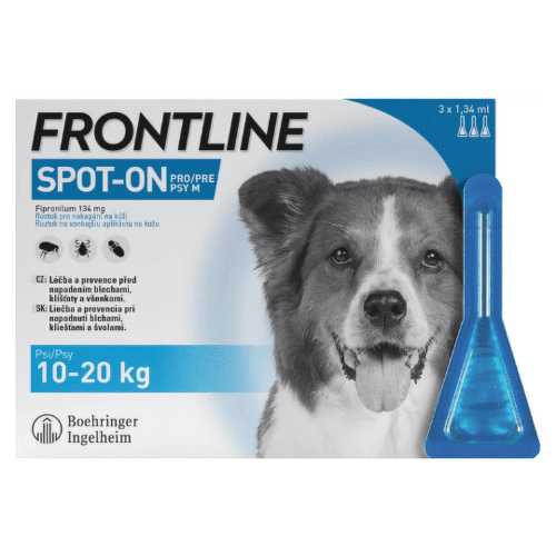 FRONTLINE Spot-on pre psy M roztok proti kliešťom blchám a švolám 10-20 kg 3 x 1